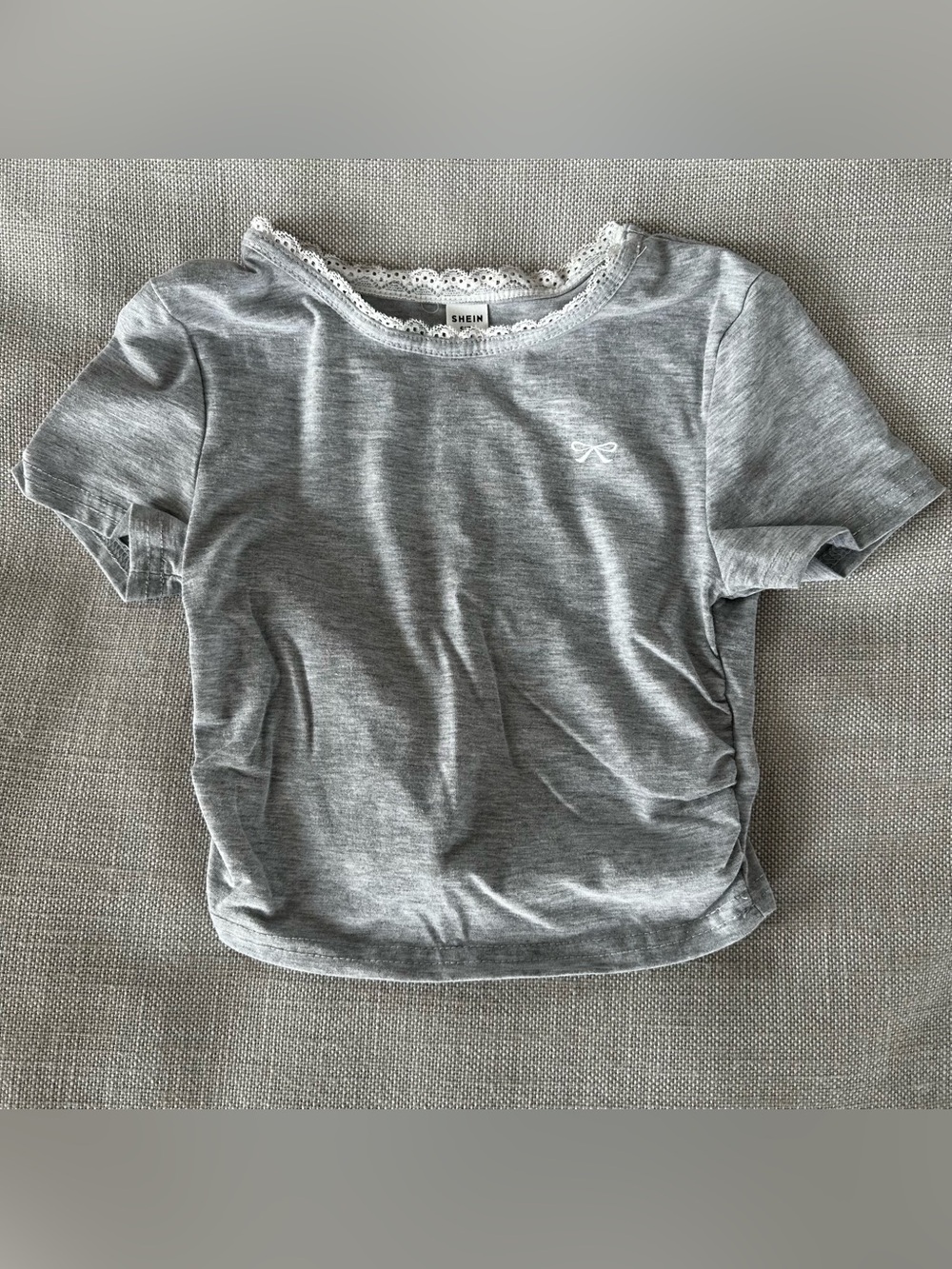 Girls Grey Bow Embroidered Ruched Tee | Size 8Y